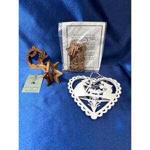 Vintage Lot of Three Christmas Ornaments Olive Wood, Artwax and Metal